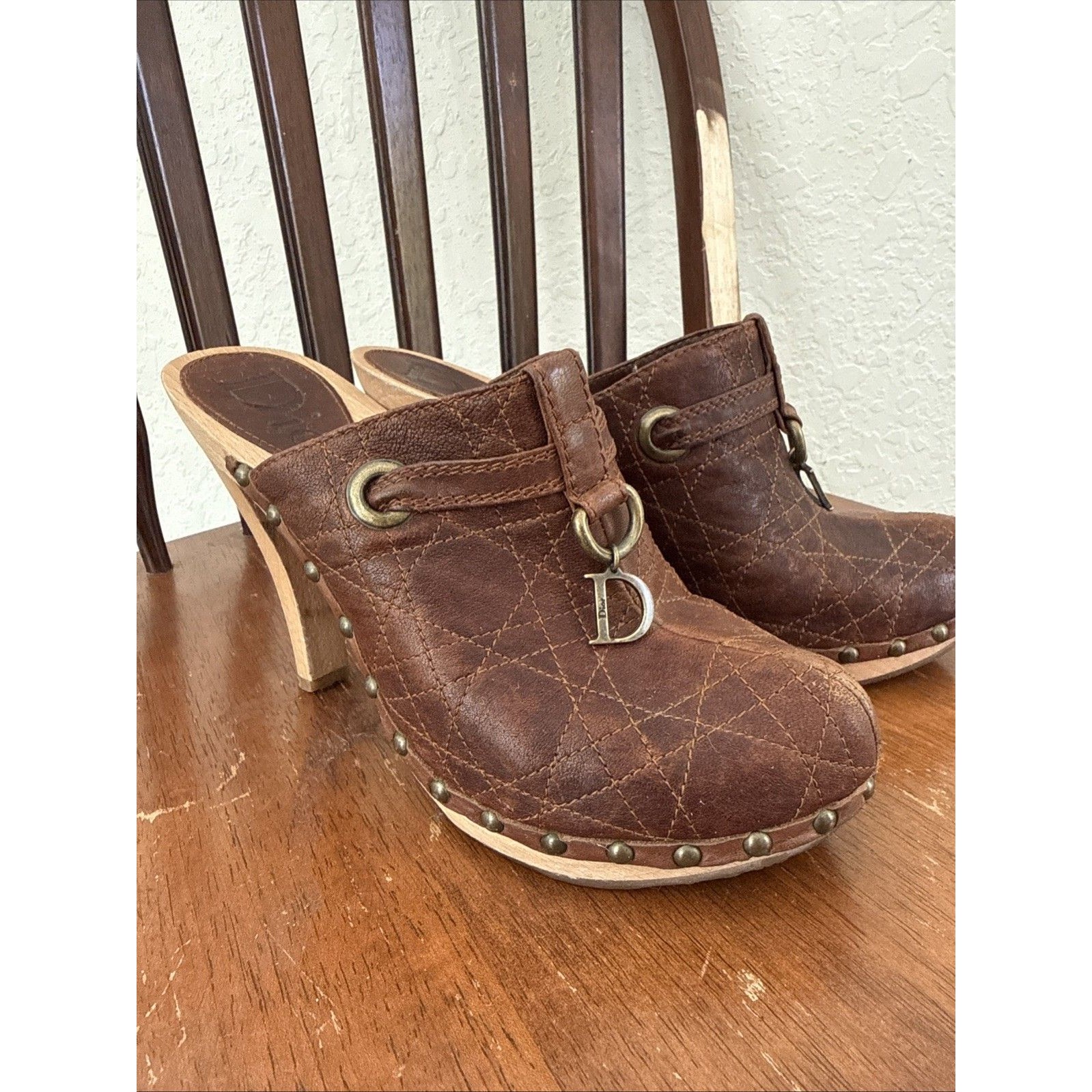 Dior Vintage Brown Leather Wooden Heel Clog Mules Quilted Size 39
